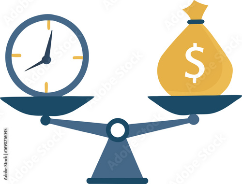Balance between money and time symbolized by scale with dollar and clock icon