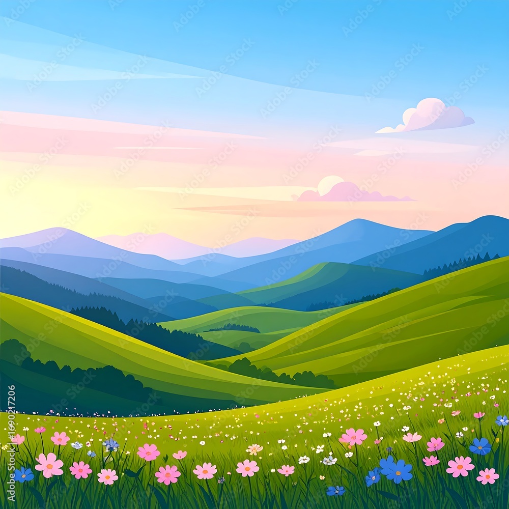 Fototapeta premium Serene landscape; rolling hills, wildflowers