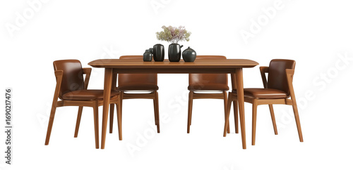  3d rendering of an elegant dining table with six chairs, showcasing the design and texture of solid wood legs and soft fabric seating in neutral tones, set against a white background for easy decorat