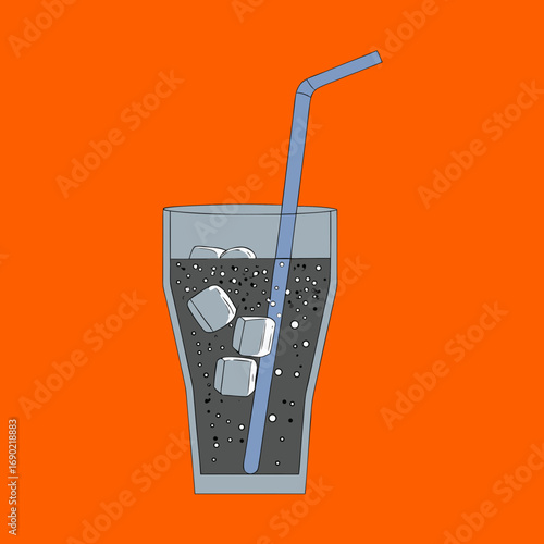 Vector art of soda drink with ice cubes and straw illustration on orange background, a simple and refreshing beverage concept for a hot day