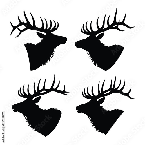 elk head silhouette collection set. deer, moose. animal, horn, jungle, hunting concept. for print, poster, sticker, and other designs. monochrome vector.