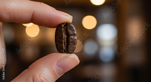 Close Up Of A Single Roasted Coffee Bean Held Between Two Fingers