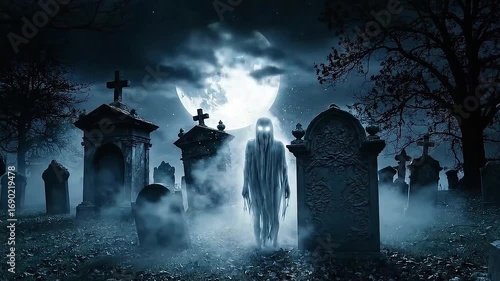 Ghostly Apparition in Foggy Moonlit Cemetery with Tombstones – Halloween Horror Video Background
