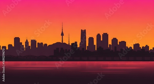 Vibrant Sunset Over Seoul Skyline Silhouette with River Reflections