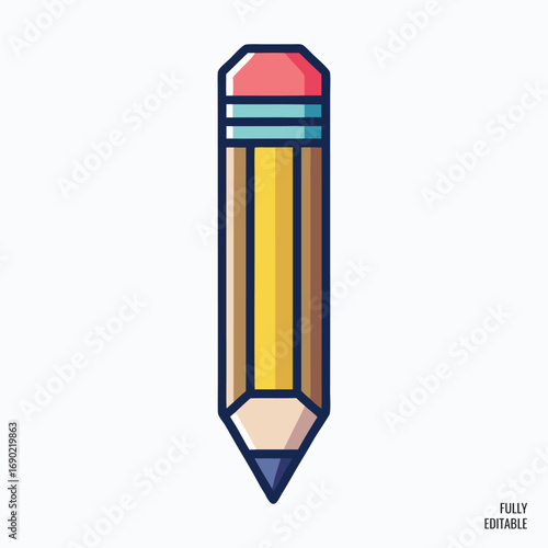 Simple Vector Illustration of a Yellow Pencil with Eraser for Design and Education.