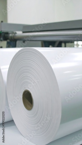 Rolled white paper in a factory