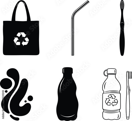 Eco-friendly icons, recycling symbol, reusable bag, sustainable toothbrush, plastic bottle design, green lifestyle, zero waste concept, environmental care, silhouette set, clean living