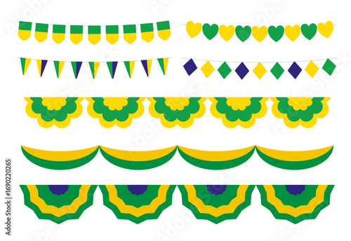 Vector illustrations featuring decorative banners and bunting in the vibrant green yellow and blue colors of the Brazilian flag festive celebrations patriotic events