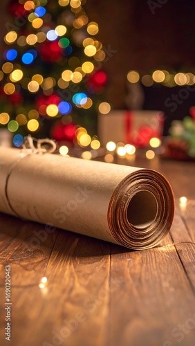 Rolled wrapping paper on wooden floor, Christmas lights in background