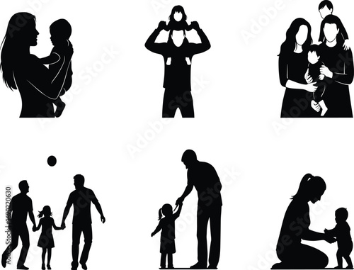 Family silhouette illustration, parent child bonding, caregiving moments, emotional connection, walking together, sitting interaction, shoulder carry, love embrace, nurturing pose, parenting icons