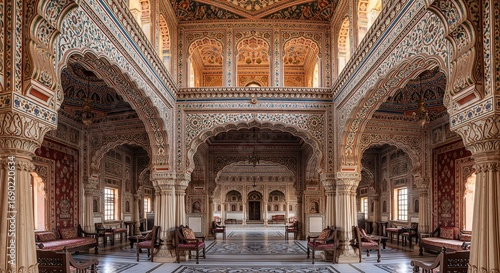 Ornate Interior of a Rajasthani Palace with intricate frescoes arches
