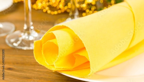 Rolled yellow napkin on a plate