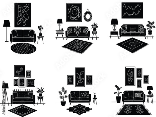 Living room, silhouette, sofa, lamp, rug, wall art, plant, interior, decor, vector, minimal, modern, cozy, stylish, black and white, furniture, illustration, home design, lounge, arrangement