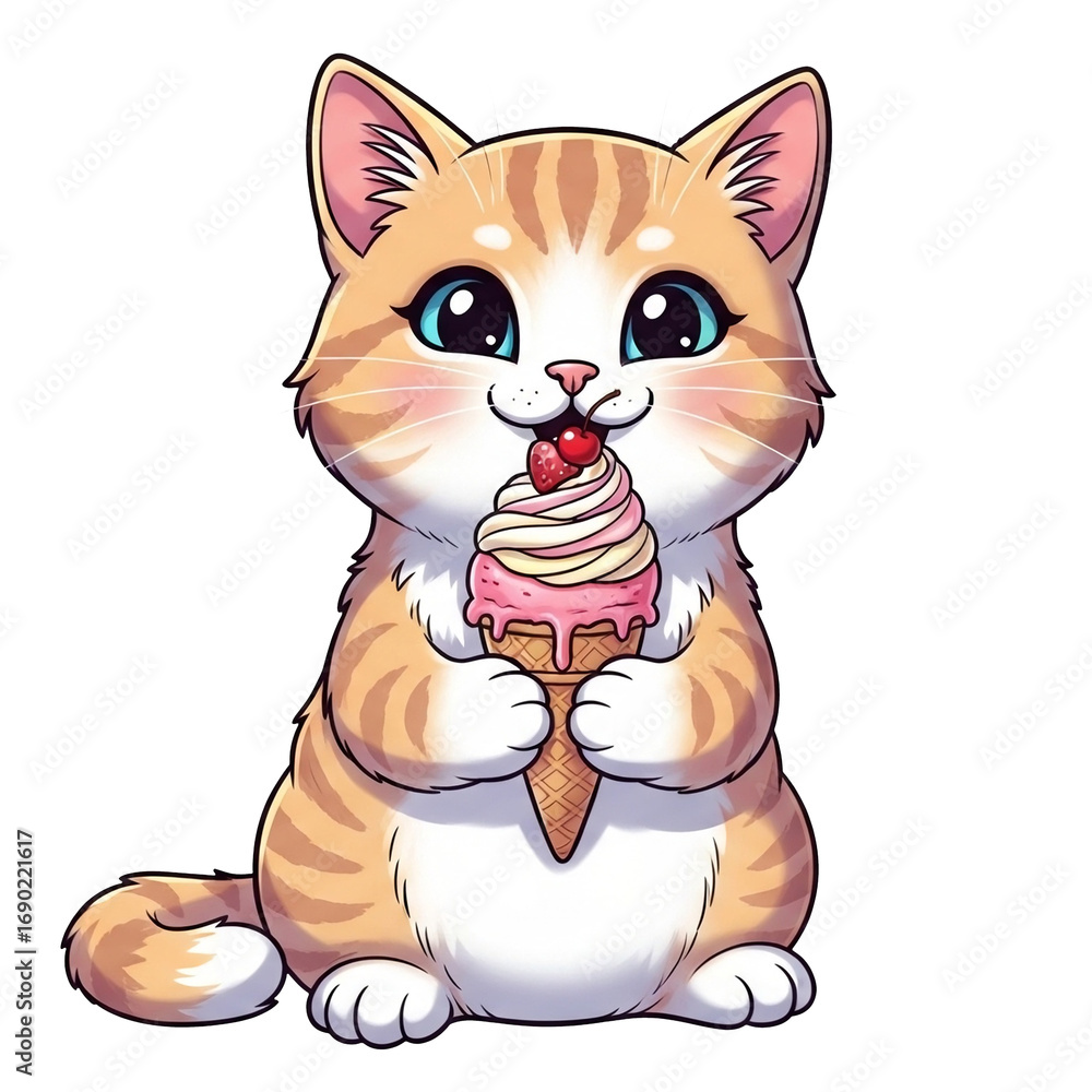 Obraz premium Cute cartoon cat enjoying ice cream, a sweet and adorable illustration perfect for any design
