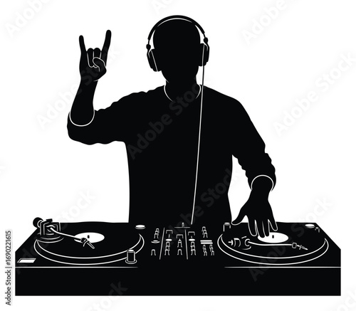 A DJ silhouette mixes music, making a rock and roll hand gesture at the turntables