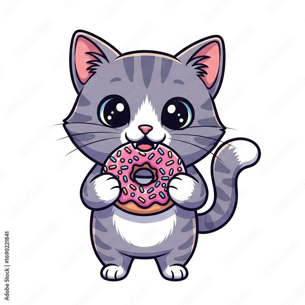 Obraz premium Adorable kawaii cartoon kitten enjoying a sweet pink frosted donut with sprinkles, a charming and cute vector illustration