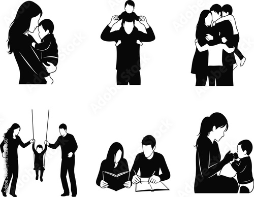 Parent child silhouette, family bonding illustration, caregiving moments, nurturing interaction, emotional support, playful parenting, reading together, feeding child, swing help, love icon