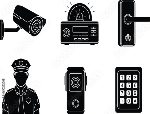 Security system vector icons, surveillance camera, alarm siren, smart lock, body camera, keypad access, black silhouette illustration set