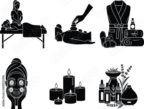 Spa wellness vector icons, massage therapy, hot stone treatment, aromatherapy, facial care, candles, black silhouette illustration, relaxation set