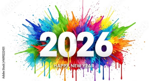 Happy new year 2026 text with colorful paint splashes and drips on a white background
