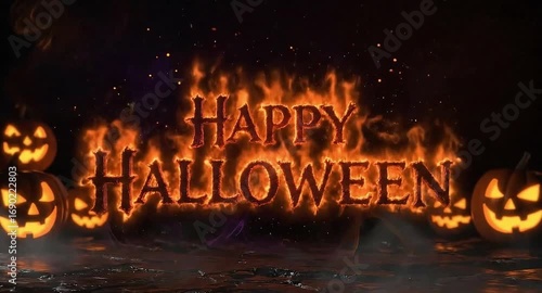 Happy Halloween Flaming Text with Jack‑O’-Lanterns, Sparks, and Purple Smoke | Animated Video Background