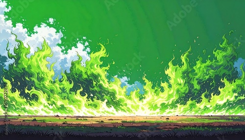 Vibrant green flames rising against a bright sky