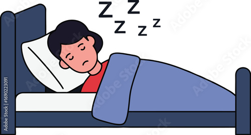 Cartoon illustration of a man sleeping soundly in a bed with Zzz's above his head.
