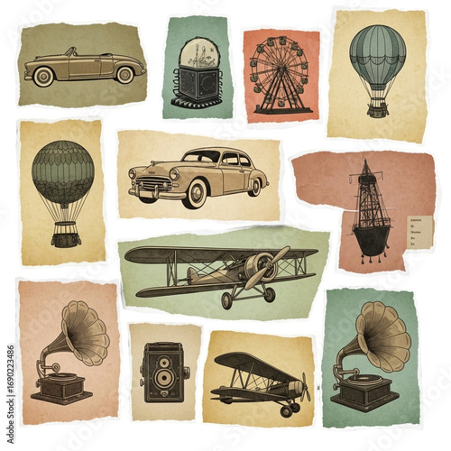 A whimsical collage of retro-style illustrations of classic cars, biplanes, and gramophones on torn paper scraps with a vintage texture.