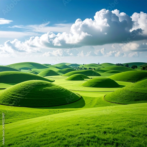 Rolling green hills under a vibrant sky