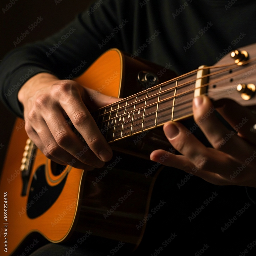 Fototapeta premium man playing guitar, Musician plays acoustic guitar, close-up on strings and fretboard. Natural light enhances warm tones. Fingers strumming create melody and harmony. Focus on passion and skill in liv