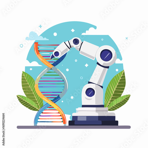 Futuristic Robot Manipulating Colorful DNA Double Helix