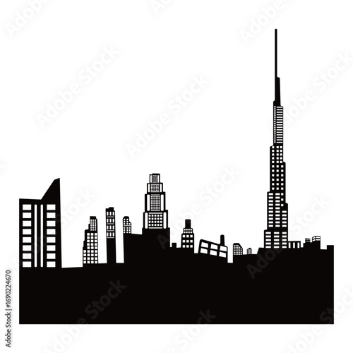 City silhouette vector, panoramic city background. Black vector city silhouette, black city silhouette, modern city, tall buildings