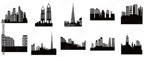 Set of city silhouette vector, panoramic city background. Black vector city silhouette, black city silhouette, modern city, tall buildings