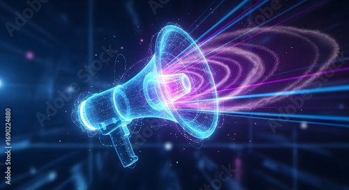 Glowing Megaphone with Digital Sound Waves on Futuristic Blue Technology Background