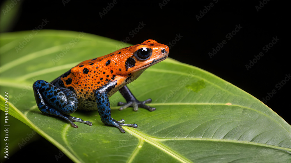 Obraz premium Vibrant Orange and Blue Poison Dart Frog on Lush Green Leaf