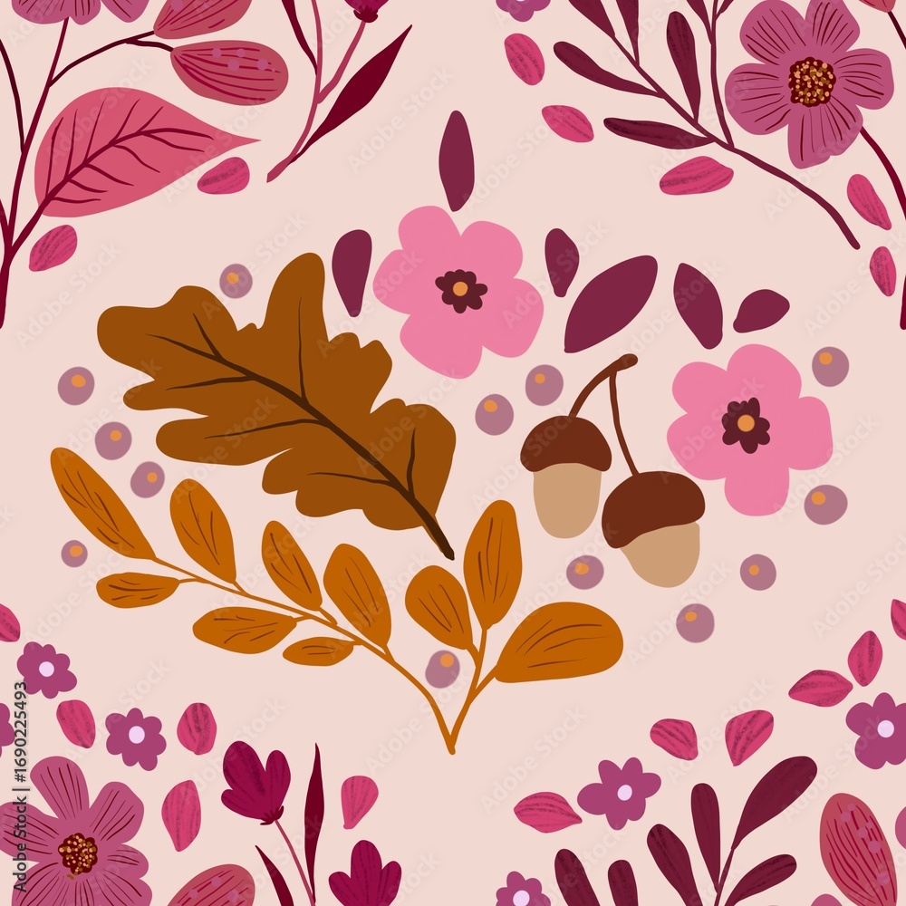 Fototapeta premium Autum Winter Pattern Background Illustration For Cover, Banner, Notes. Fall Winter Aesthetic Background. Plant And Flower Pattern Background.