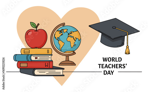 World Teachers' Day Vector: Apple, Books, Globe, Graduation Cap