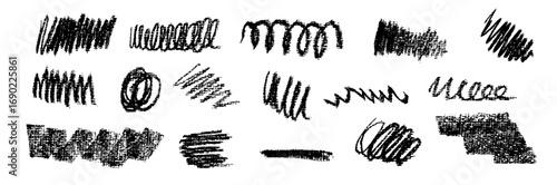 Vector freehand scrawl collection with black bold dry strokes, thick smears, swirl curls and wave traces. Scratchy decorative style evokes pop chalkboard stain textures for playful kindergarten design