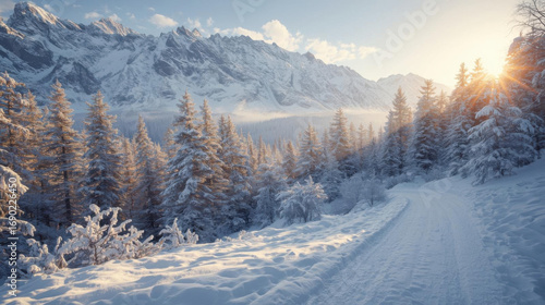 Wallpaper Mural Snow covered forest path with sunlit mountains in background, creating serene winter landscape Torontodigital.ca