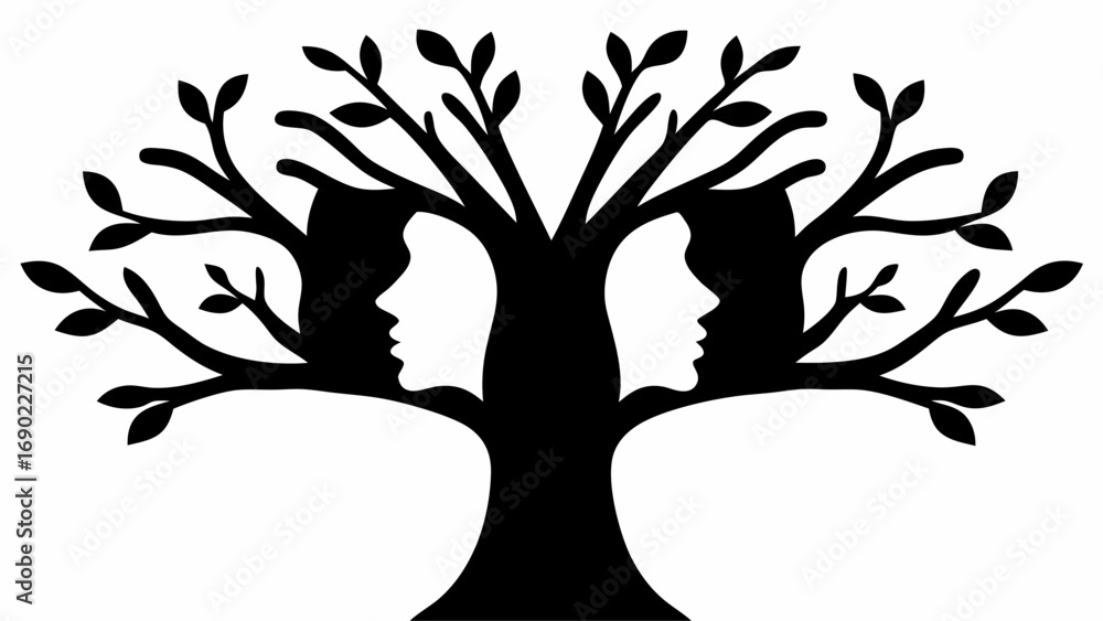 Fototapeta premium Optical illusion tree with faces silhouette in black and white showing nature and human connection art