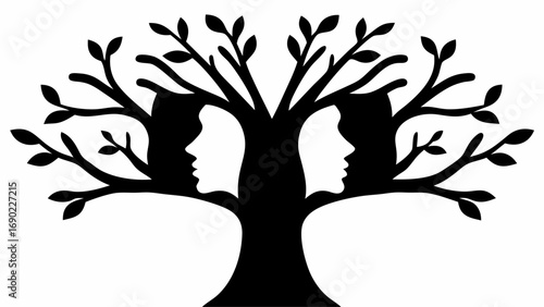 Optical illusion tree with faces silhouette in black and white showing nature and human connection art