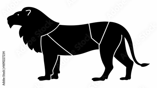 Silhouette of a lion standing with geometric shapes dividing its body and a thick mane around its neck