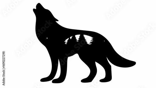 Silhouette of a howling wolf with a forest scene inside its body under a starry sky in black and white