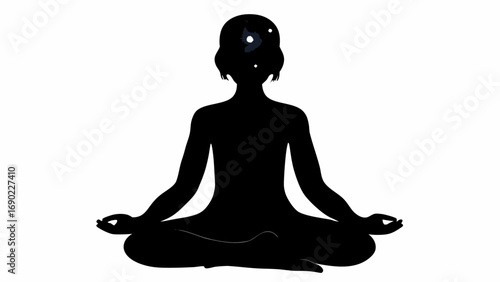 Silhouette of a woman in lotus position with space inside her head and body on a white background