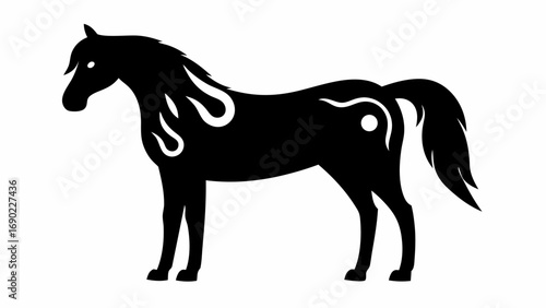 Silhouette of a horse with flame like markings standing on a white background in a simple illustration