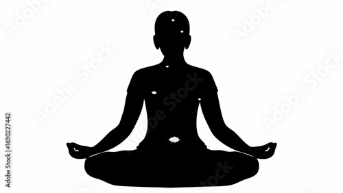 Silhouette of a person in a lotus position meditating with hands in the gyan mudra on a white background