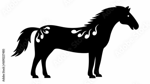 Silhouette of a horse with decorative patterns on its body standing against a plain white background view