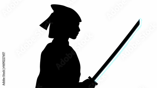 Silhouette of a warrior with a sword wearing a traditional helmet against a white background visible