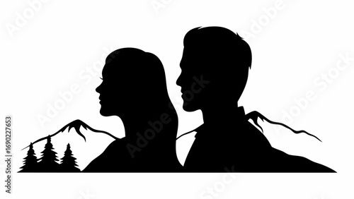 Silhouette of a couple with mountains and trees in the background in black and white vector illustration