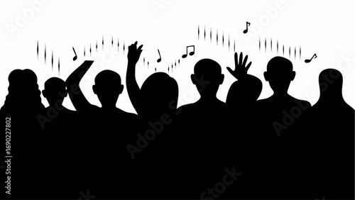 Silhouette of a crowd of people with their hands raised at a concert with music notes floating above them